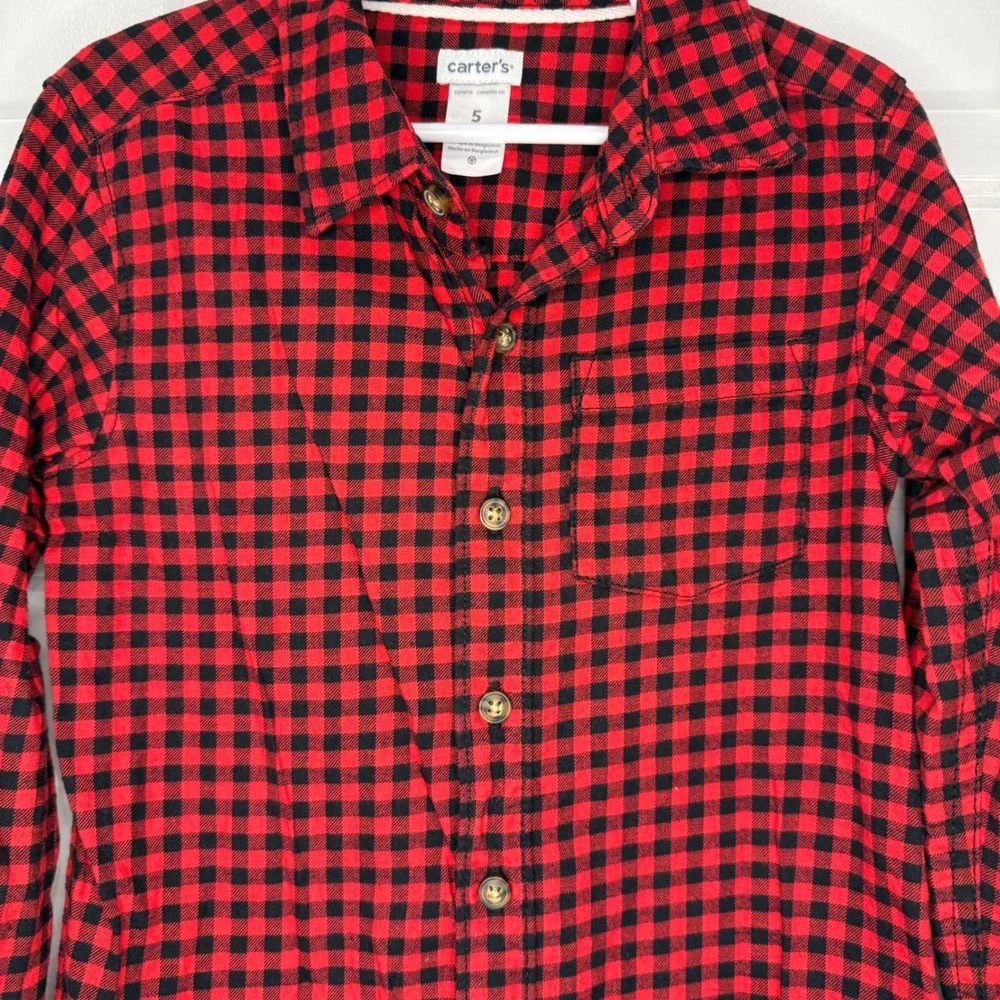 Carters Boys Red Black Buffalo Plaid‎ Button Down Flannel Shirt Size 5
